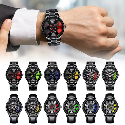 Car Wheel Watch with Leather Strap for Men Multifunctional Business Male Clock Running Climbing Fishing Sports Watch Car Watch