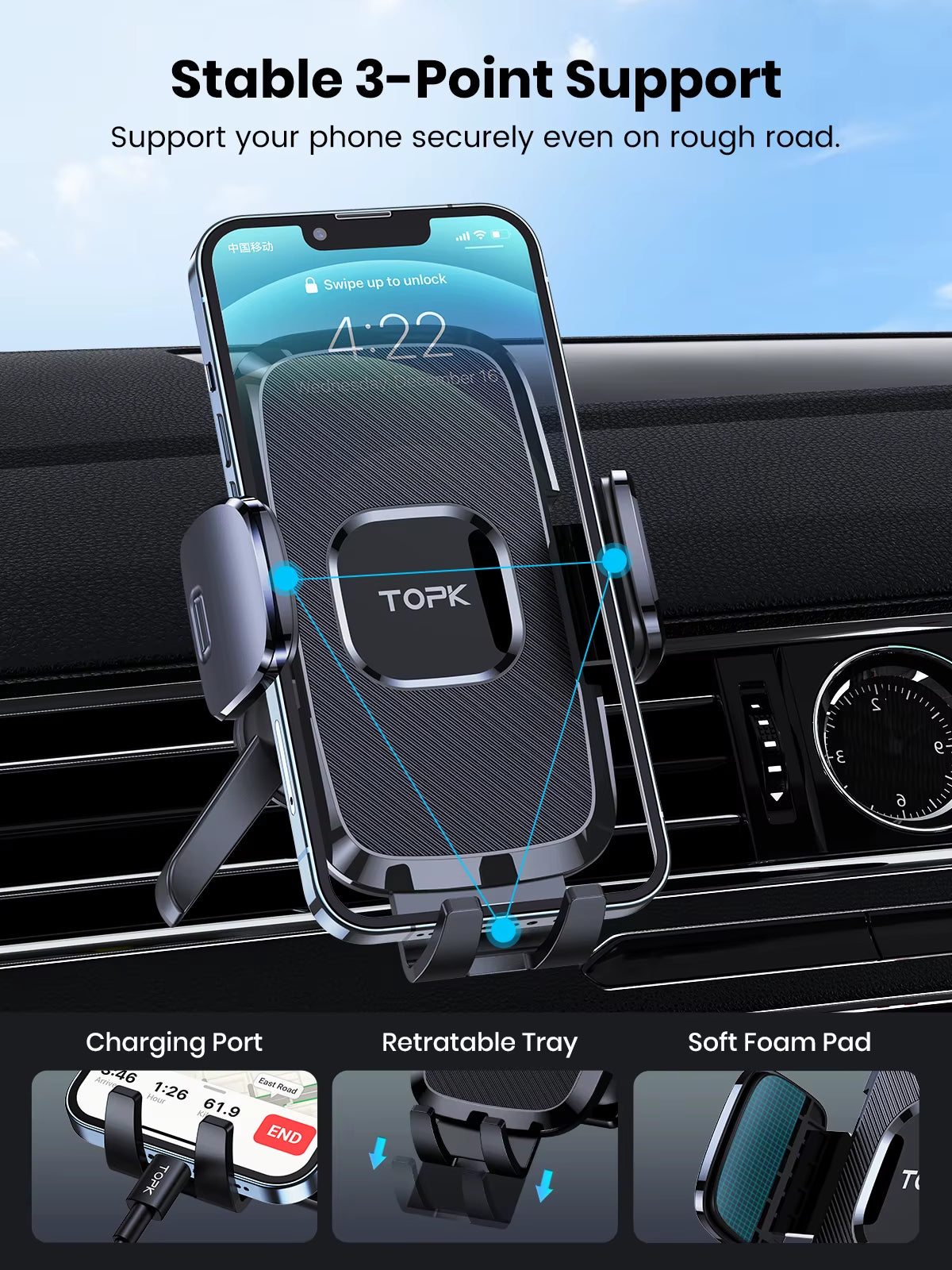 TOPK D35-S Car Phone Holder,  Phone Mount for Car with Hook Clip Air Vent Car Mount 360° Rotation for Mobile Phones
