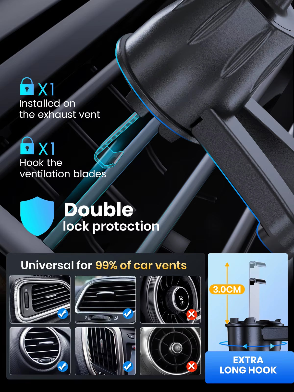 TOPK D35-S Car Phone Holder,  Phone Mount for Car with Hook Clip Air Vent Car Mount 360° Rotation for Mobile Phones