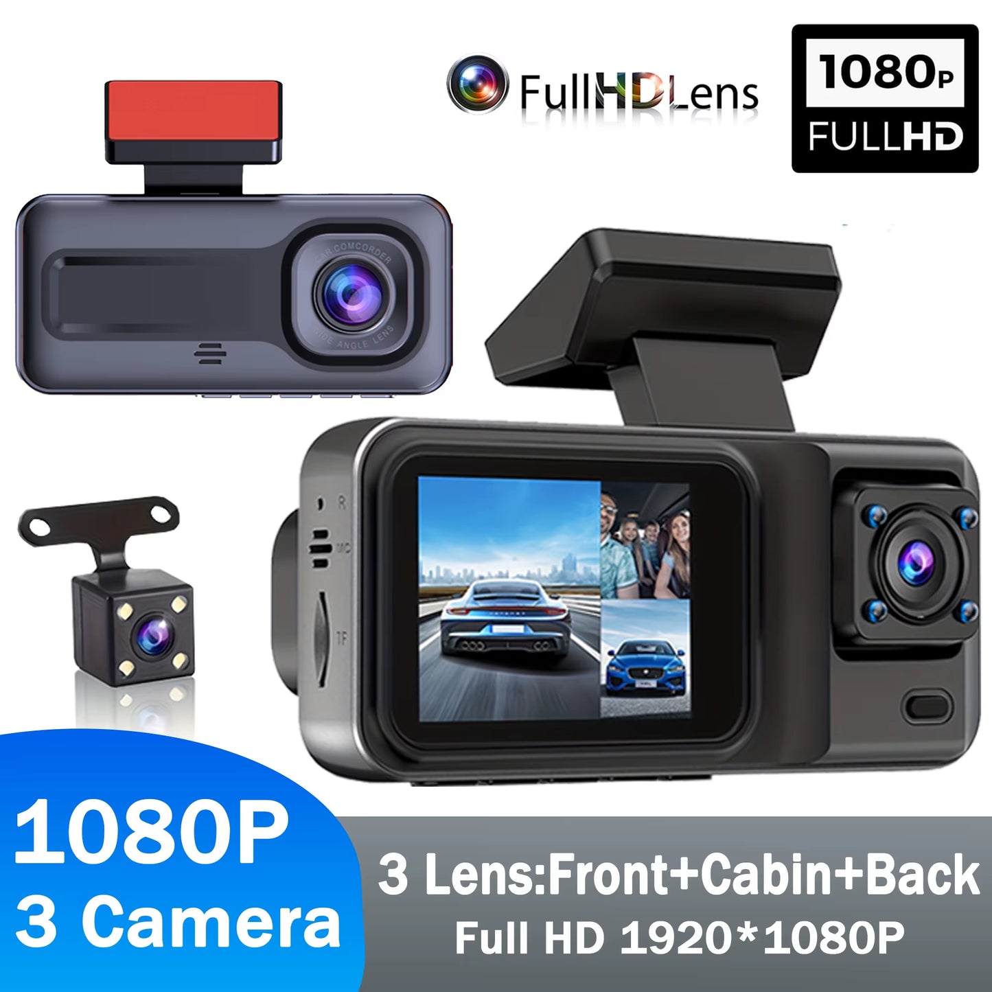 Dash Cam Front and Rear and inside 1080P Full HD 3 Way Dash Cam 3 Cameras Vidoe Recorder Black Box with 3 Cameras